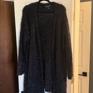 Lane Bryant Fuzzy Black/metallic Chic Cardigan
36 inches long.